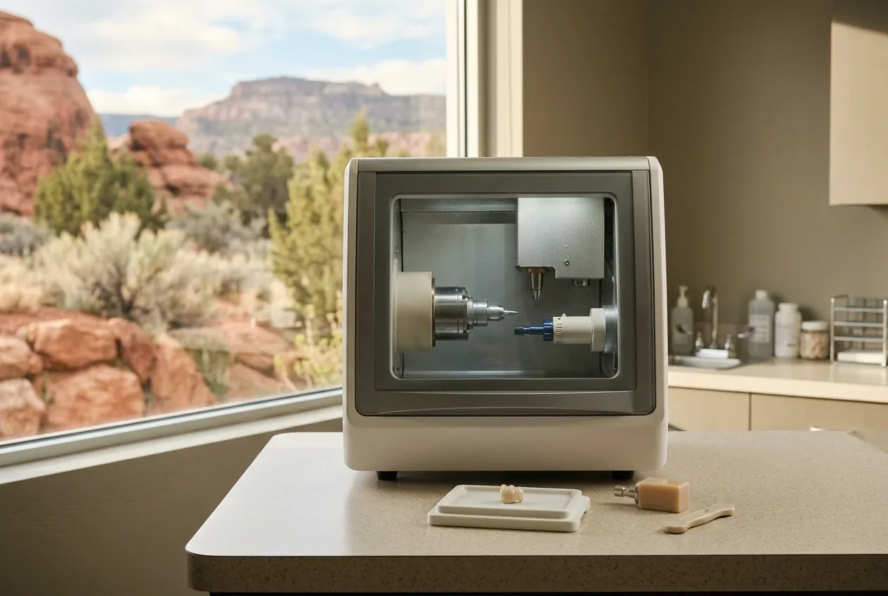 A dental milling machine on a counter with a finished crown and ceramic block by a window overlooking red rocks.